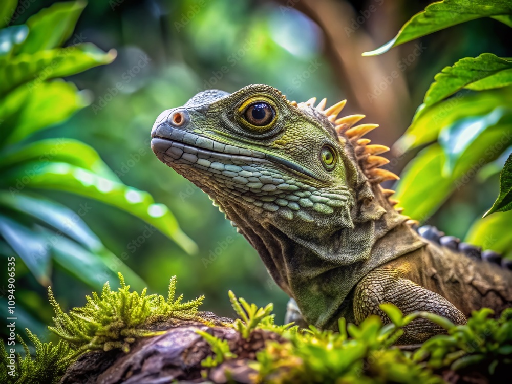 Obraz premium Captivating Portrait of the Tuatara Sphenodon punctatus in its Natural Habitat with Lush Greenery and Soft Lighting, Perfect for Nature and Wildlife Photography Enthusiasts