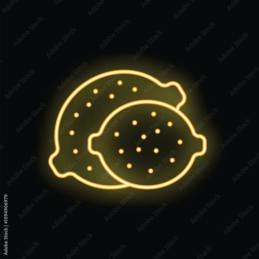 Yellow neon sign depicting two lemons glowing on a black background