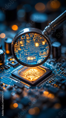 A magnifying glass floating over a blue digital grid background, symbolizing the concept of technology, data analysis, and research. The image emphasizes the magnifying glass as a tool for examining d photo