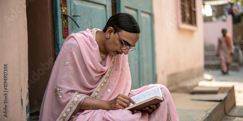 Non binary person wearing a pink sari and glasses is sitting on a doorstep, engrossed in reading a book, showcasing a blend of traditional attire and contemporary identity photo