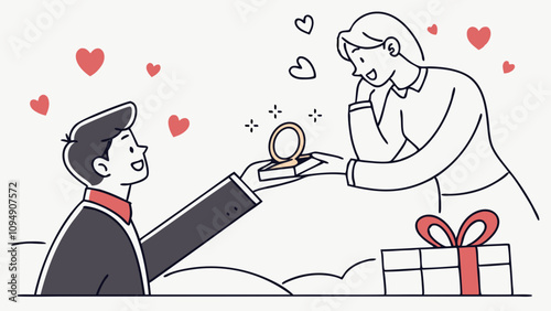 Marriage proposal vector illustration with wedding ring and male hand . hearts. Vector illustration
