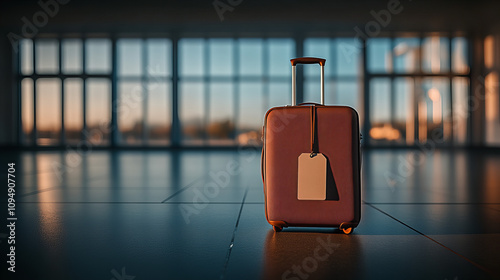 Luggage waits near large windows in an empty terminal during sunset at an airport