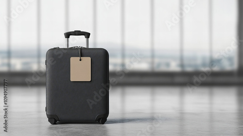 Black suitcase standing alone in an empty airport terminal with large windows overlooking the horizon