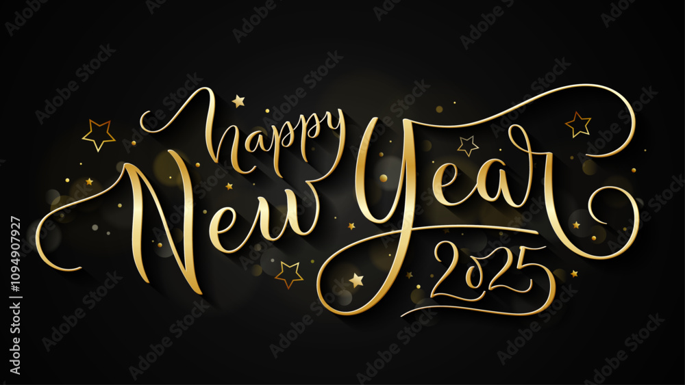 HAPPY NEW YEAR 2025 black and gold brush calligraphy banner with swashes HAPPY NEW YEAR 2025 black and gold brush calligraphy banner with swashes