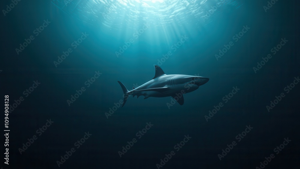 Shark's silhouette swimming in the ocean depths, underwater danger, dangerous shape Shark's silhouette swimming in the ocean depths, underwater danger, dangerous shape
