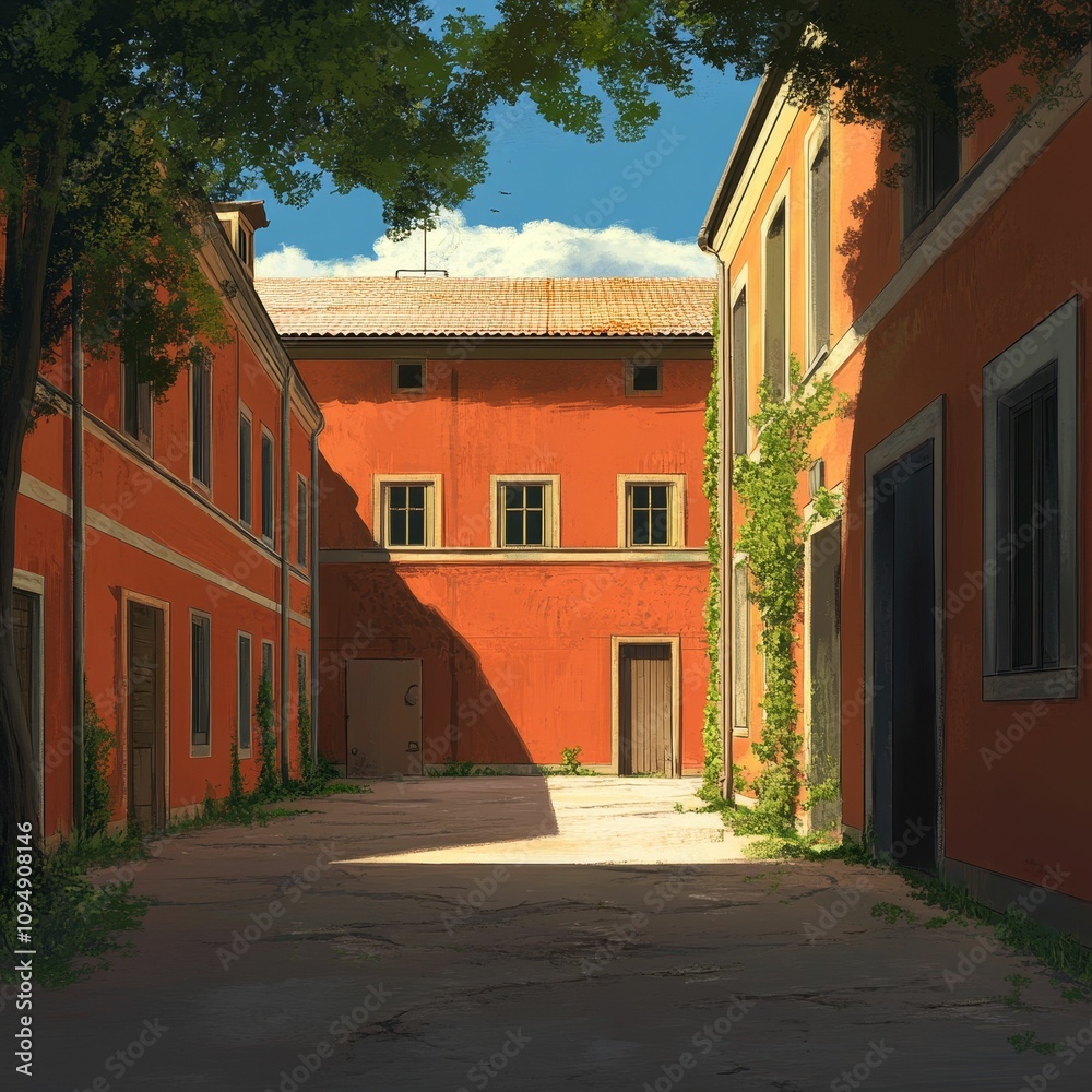 Sunlit orange buildings, courtyard, overgrown. Sunlit orange buildings, courtyard, overgrown.
