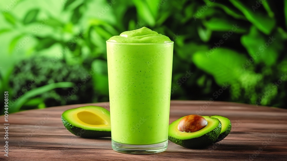 Fototapeta premium Vibrant Avocado Smoothie in Glass Against Lush Tropical Background