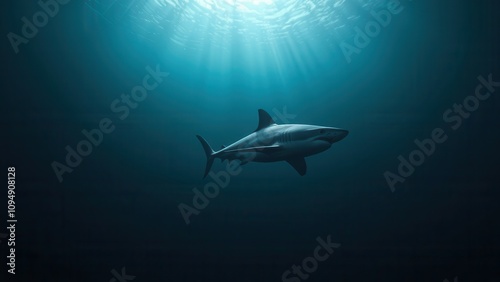 Shark's silhouette swimming in the ocean depths, underwater danger, dangerous shape photo