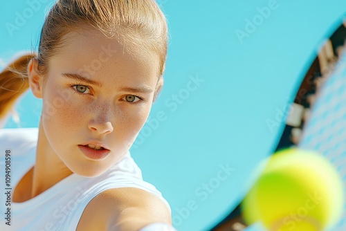 Tennis Player in Action on Vibrant Blue Court with Clear Sky Backdrop