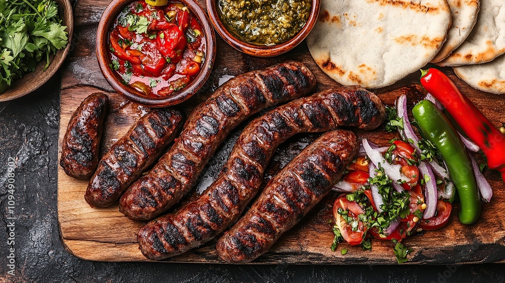Grilled sausages with fresh salsa, green sauce, flatbread, tomato onion salad and chili peppers on rustic wooden board.
