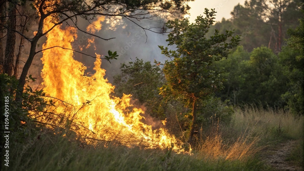 A fierce blaze of bright flames erupts from the underbrush casting a golden light on surrounding foliage, intense heat, isolated A fierce blaze of bright flames erupts from the underbrush casting a golden light on surrounding foliage, intense heat, isolated