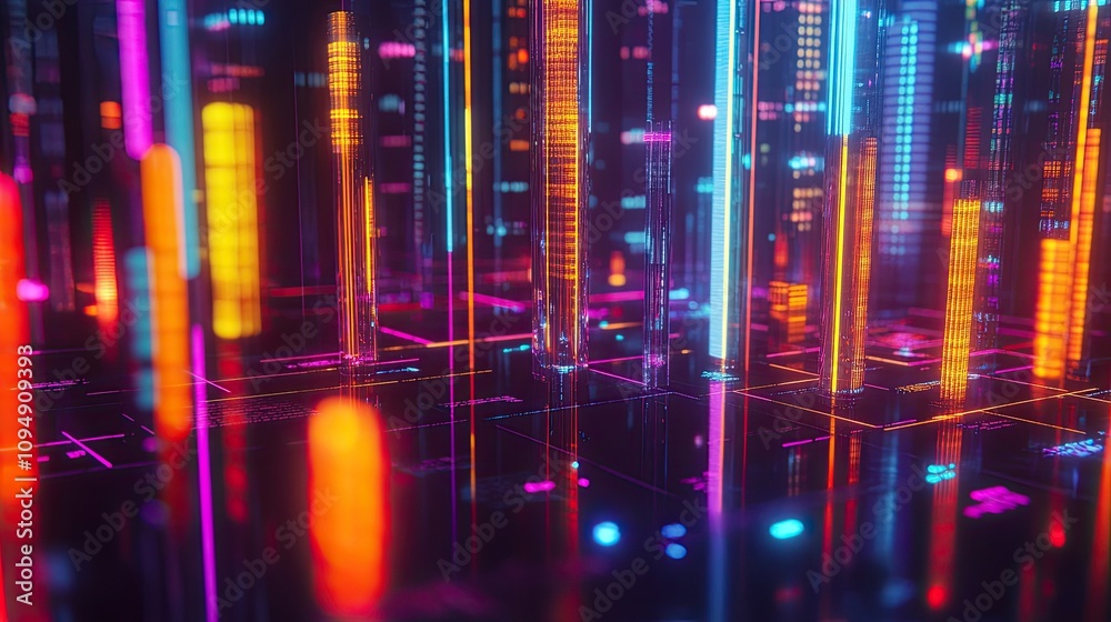 Fototapeta premium Dynamic bar chart with a glowing neon effect, [business chart], [highlighting modernity in financial analysis]