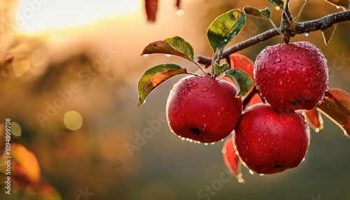  Fresh red apples glistening with dew, hanging on a tree branch photo