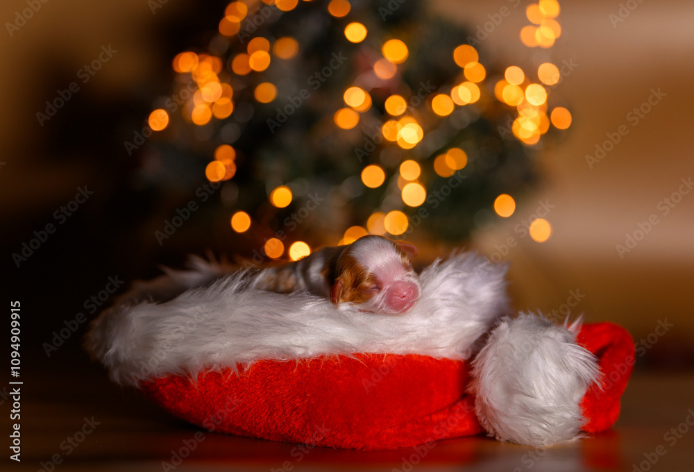 little newborn puppy dog cavalier king charles spaniel lies in santa hat koaus santa claus on the background of the fir tree. New Year's gift little newborn puppy dog cavalier king charles spaniel lies in santa hat koaus santa claus on the background of the fir tree. New Year's gift