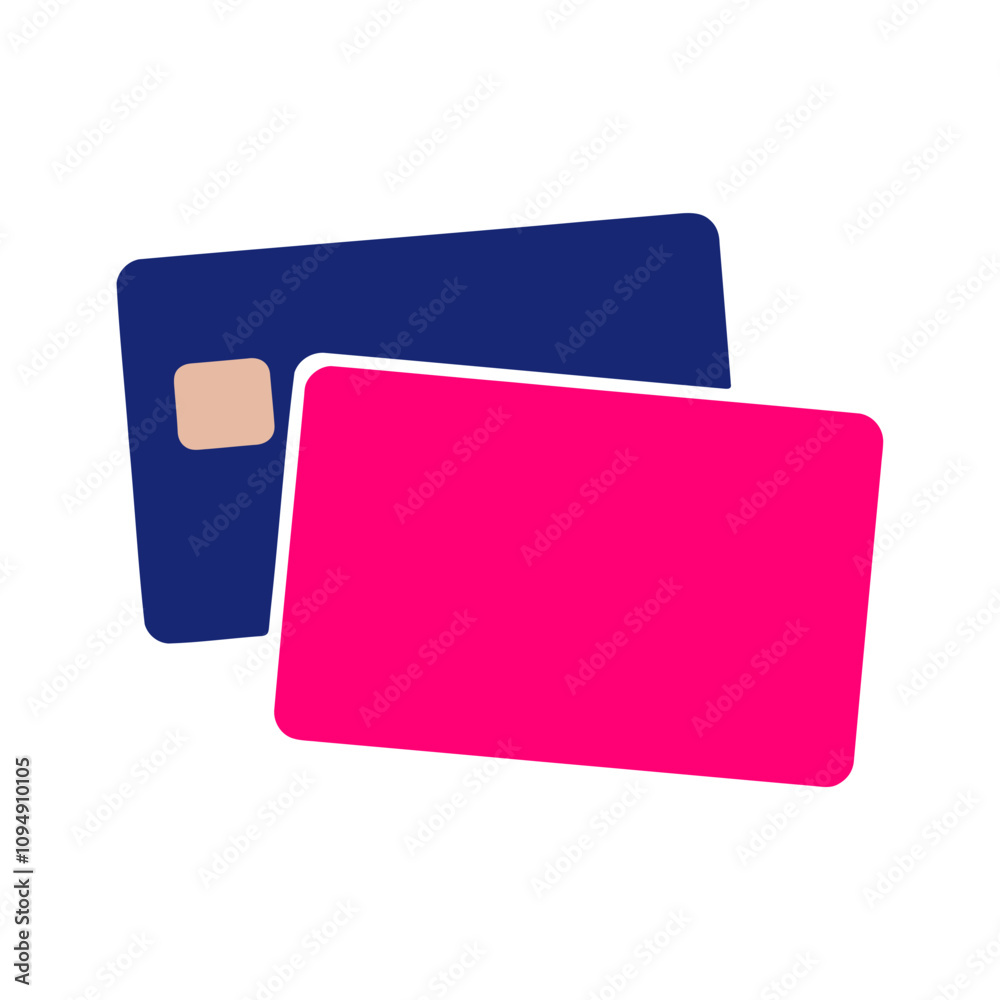 Two credit cards in blue and pink on a white background Two credit cards in blue and pink on a white background