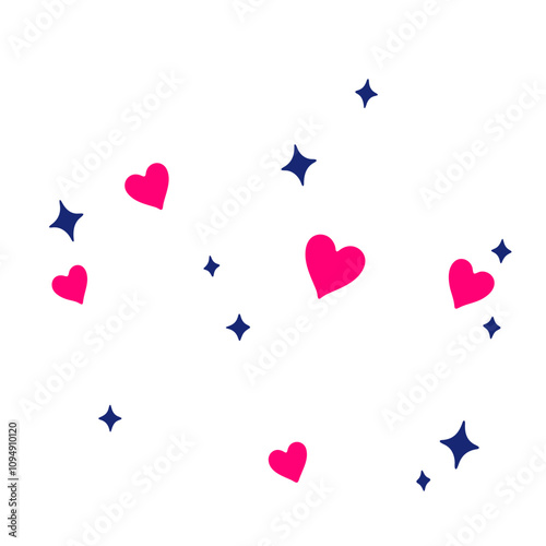 Pink hearts and blue stars scattered on a white background