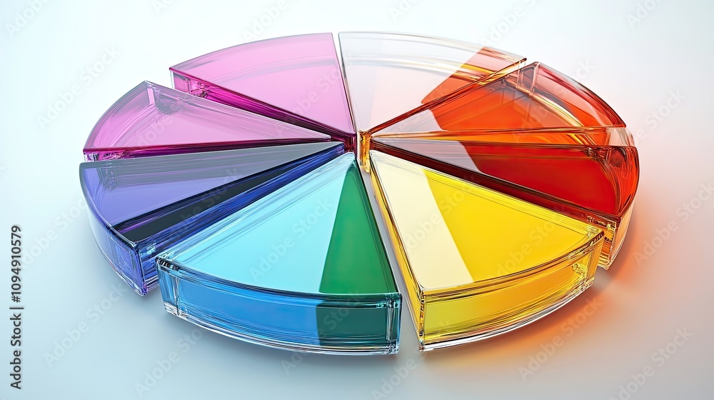 Obraz premium Exploded pie chart with reflective surfaces, [business color chart], [depicting transparency and diversification] 