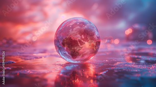 A captivating abstract globe resting on a reflective surface, illuminated by ethereal pink and blue lights, symbolizes global connection and environmental awareness. Perfect for modern design themes.