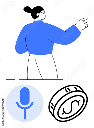 Person faces sideways pointing, microphone icon below, and coin representation. Ideal for finance, podcasts, communication, technology, presentations business user interface. Line metaphor