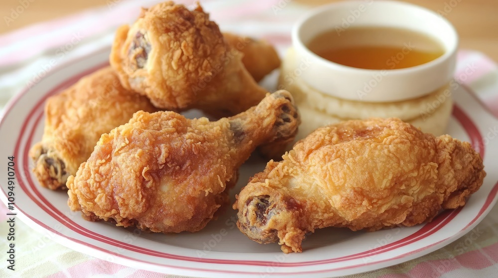 Crispy Fried Chicken Drumsticks Served with Honey Sauce and Buttermilk Biscuits on a Colorful Tablecloth for a Delicious Comfort Food Experience Crispy Fried Chicken Drumsticks Served with Honey Sauce and Buttermilk Biscuits on a Colorful Tablecloth for a Delicious Comfort Food Experience