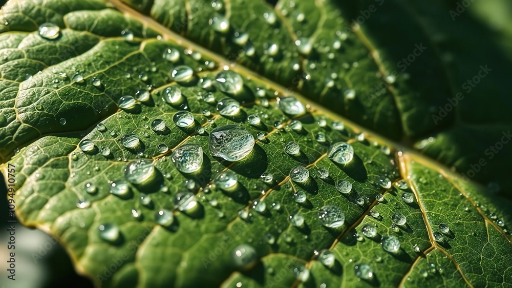 A large leaf with intricate veins covered in numerous water droplets of varying sizes glistening in the sunlight, botanical, wet surface, foliage A large leaf with intricate veins covered in numerous water droplets of varying sizes glistening in the sunlight, botanical, wet surface, foliage