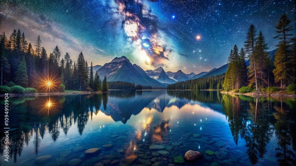 Captivating Scene from a Celestial Adventure: A Stunning High Depth of Field Composition Showcasing a Starry Night Sky Over a Dreamlike Landscape Captivating Scene from a Celestial Adventure: A Stunning High Depth of Field Composition Showcasing a Starry Night Sky Over a Dreamlike Landscape