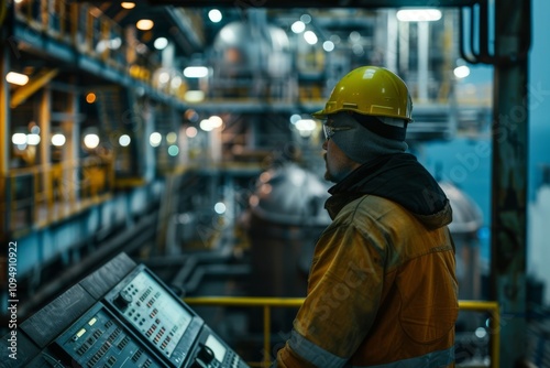 Industrial Worker in Safety Gear Monitors Controls in a High-Tech Manufacturing Plant During Night Shift with Machinery and Equipment in Background