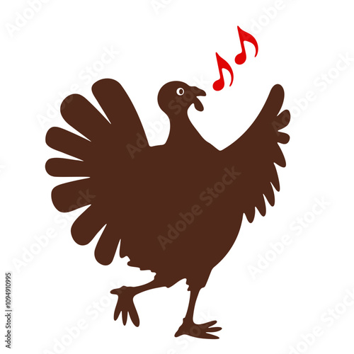 A brown cartoon rooster with red comb and wattle, standing and singing with musical notes rooster with brown feathers, standing in daylight with musical notes around it