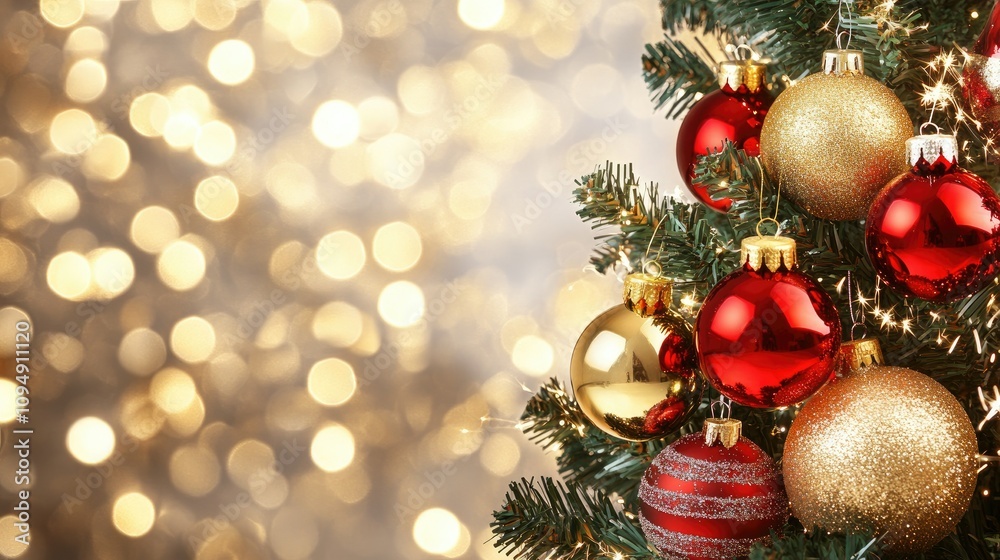 Beautiful Christmas Tree Filled with Red and Gold Ornaments Surrounded by Soft Bokeh Lights Creating a Festive and Joyful Holiday Atmosphere Beautiful Christmas Tree Filled with Red and Gold Ornaments Surrounded by Soft Bokeh Lights Creating a Festive and Joyful Holiday Atmosphere