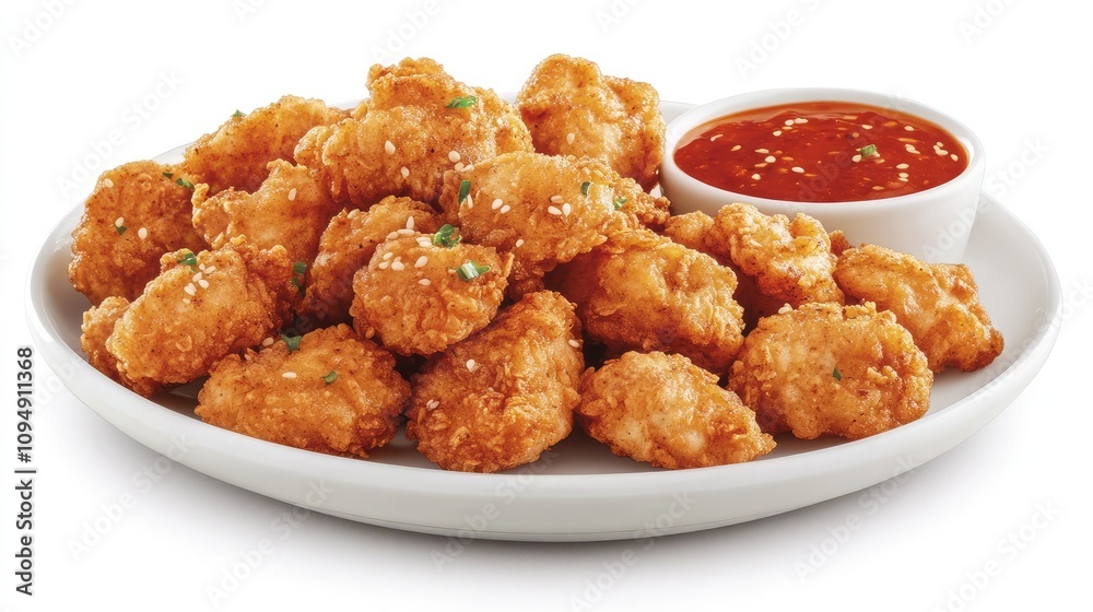Crispy Golden Fried Chicken Bites Served on a White Plate with Tangy Red Sauce for Dipping, Perfect for Appetizers, Parties, and Casual Gatherings Crispy Golden Fried Chicken Bites Served on a White Plate with Tangy Red Sauce for Dipping, Perfect for Appetizers, Parties, and Casual Gatherings