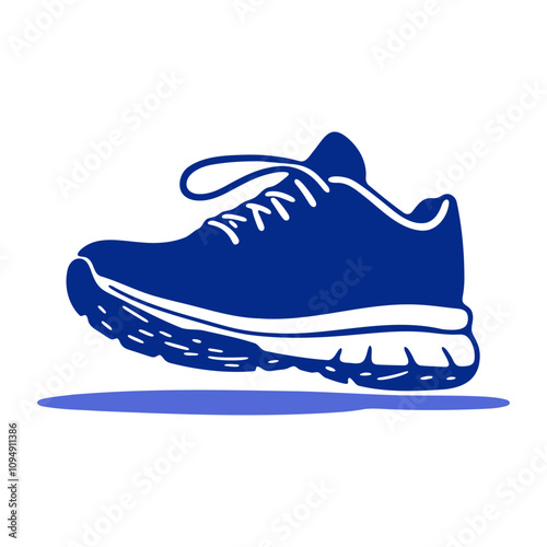 Blue running shoe with thick sole and white laces