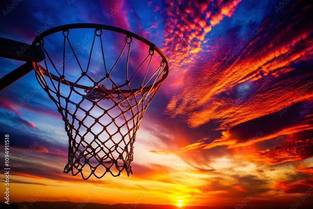 Captivating Silhouette of a Basketball Net Against a Vibrant Sunset Sky with Dramatic Colors and Soft Shadows, Perfect for Sports and Outdoor Photography Enthusiasts Captivating Silhouette of a Basketball Net Against a Vibrant Sunset Sky with Dramatic Colors and Soft Shadows, Perfect for Sports and Outdoor Photography Enthusiasts