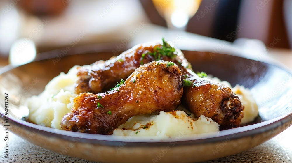 Crispy Chicken Drumsticks with Creamy Mashed Potatoes in a Rustic Bowl Served in a Cozy Restaurant Setting with a Soft Focus Background Crispy Chicken Drumsticks with Creamy Mashed Potatoes in a Rustic Bowl Served in a Cozy Restaurant Setting with a Soft Focus Background