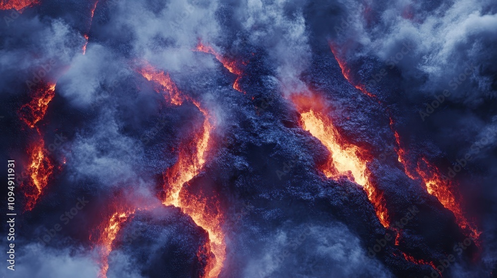 Molten lava flows through rocky terrain, surrounded by swirling clouds of smoke. Molten lava flows through rocky terrain, surrounded by swirling clouds of smoke.