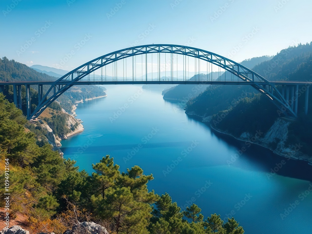 Obraz premium A modern steel arch bridge crossing over a wide river with clear blue waters and surrounding hills covered in trees creating a sense of depth and perspective, outdoors, scenery, bridges