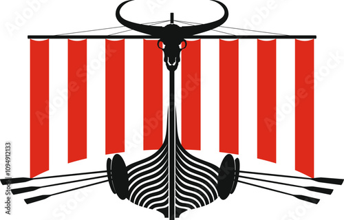 Viking ship Drakkar front view with dragon head and striped sail