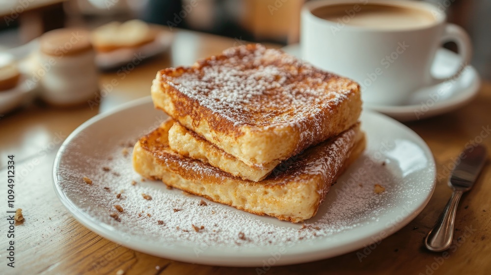 Delicious French Toast Breakfast with Powdered Sugar and Coffee on Wooden Table Delicious French Toast Breakfast with Powdered Sugar and Coffee on Wooden Table