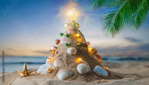 Small Christmas tree made of sand and sea shells, with little Christmas light on it, on the beach under the palm in suton  photo