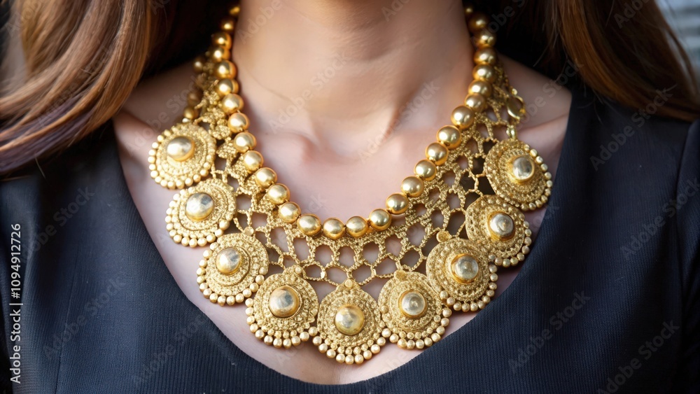 Close-up of a woman wearing a gold necklace with ornate circles and beads Close-up of a woman wearing a gold necklace with ornate circles and beads