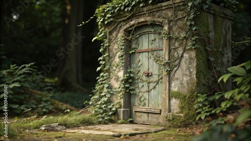 Antique door with vines and moss covering it like a shroud, decaying wood, mysterious shadows, overgrown door photo