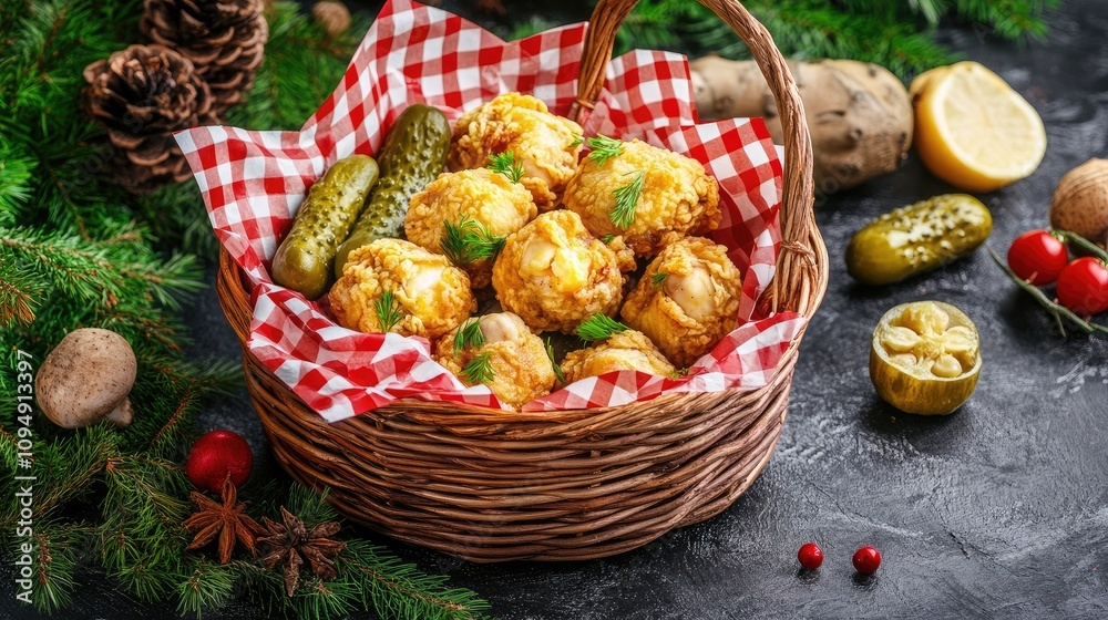 Freshly Baked Savory Dumplings with Pickles in a Rustic Basket Surrounded by Natural Elements and Festive Decor for a Cozy Gathering Freshly Baked Savory Dumplings with Pickles in a Rustic Basket Surrounded by Natural Elements and Festive Decor for a Cozy Gathering