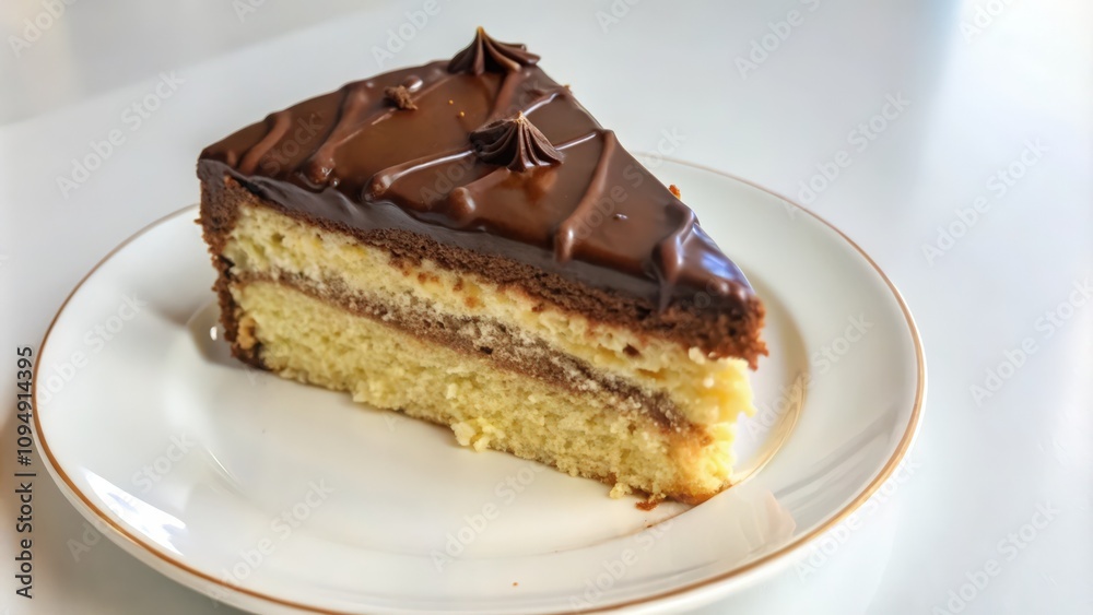 A Slice of Chocolate-Frosted Cake on a White Plate A Slice of Chocolate-Frosted Cake on a White Plate