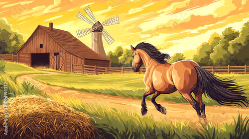 artwork, horse, scene, windmill, art, illustration, rural, animal, vector, countryside, farm, summer, draw, farming, farmland, graphic, horizon, image, mammal, painting, peaceful, picture, storage, st