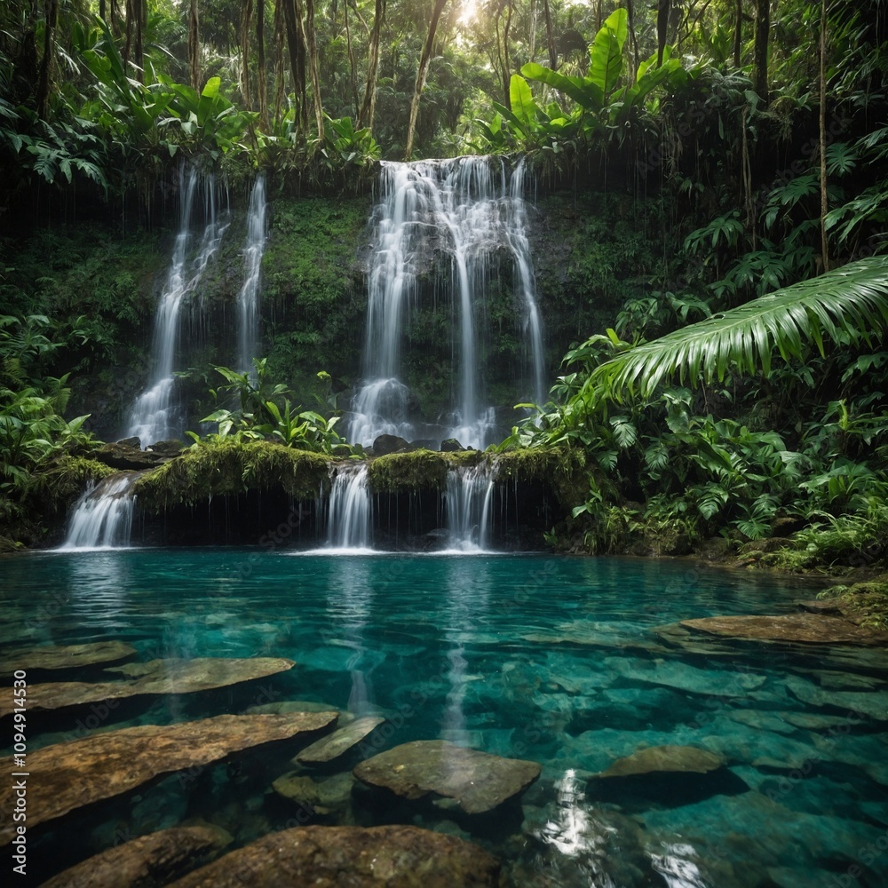 Fototapeta premium A lush rainforest waterfall cascading into a crystal-clear pool.