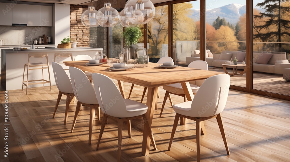 Obraz premium Sleek Scandinavian dining room with a white wooden table and matching chairs, creating a cozy yet modern atmosphere.