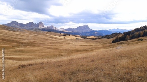 A wide shot of a valley in the Italian Dolomites with golden grass and mountains in the background.