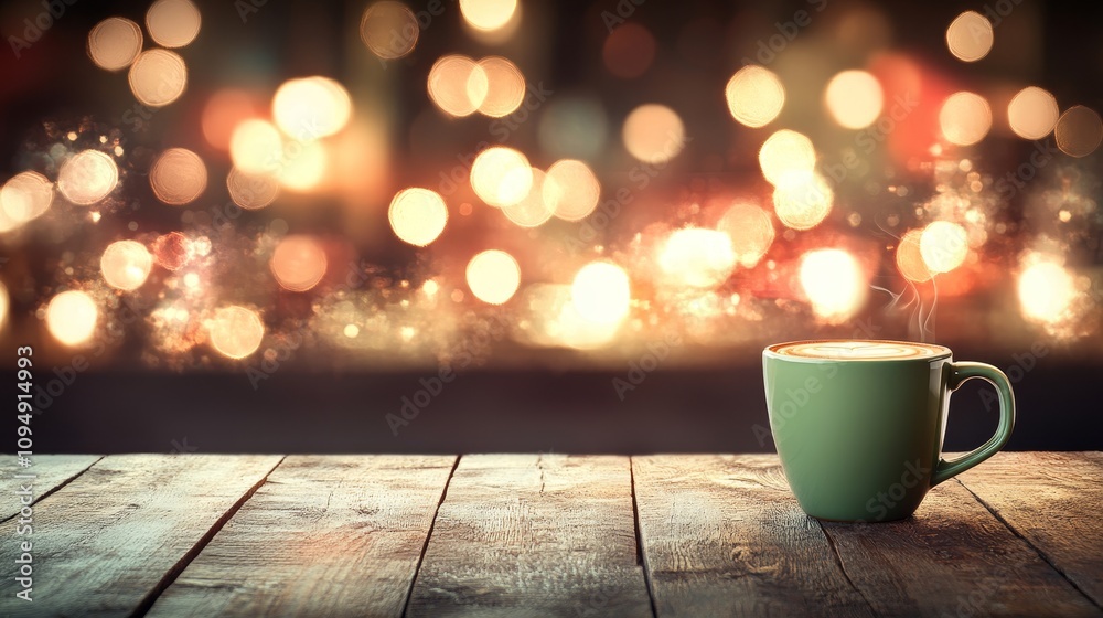 Steaming Mug of Hot Beverage on Rustic Wood Table with Festive, Sparkling Bokeh Lights Steaming Mug of Hot Beverage on Rustic Wood Table with Festive, Sparkling Bokeh Lights