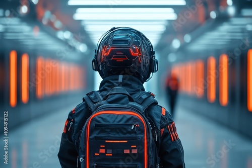 A figure wearing a high-tech helmet stands in a corridor illuminated by glowing orange and blue lights, reflecting a cyberpunk aesthetic. photo