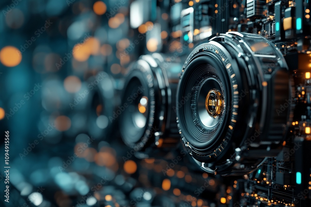 An intricate piece of machinery containing a detailed lens system, representing precision engineering and industrial design in a high-tech environment. An intricate piece of machinery containing a detailed lens system, representing precision engineering and industrial design in a high-tech environment.