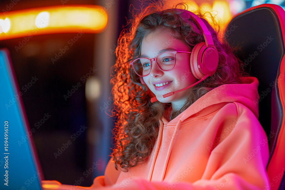 Smiling Young Girl with Curly Hair and Glasses Wearing Headphones While Gaming on Laptop in Colorful Setup Smiling Young Girl with Curly Hair and Glasses Wearing Headphones While Gaming on Laptop in Colorful Setup